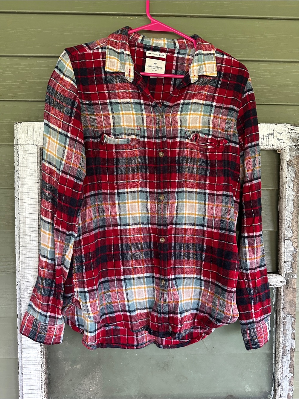 American Eagle Slim Fit Flannel Shirt Red Blue Plaid Ahh-Mazingly Soft Large